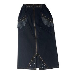 VTG Black Denim Midi Skirt S 80s Studded Embellished Zipper Front Pencil Skirt‎